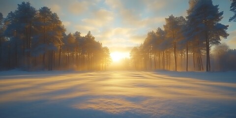 Naklejka premium Sunlit snowy forest at sunset. (1)