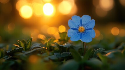 A vibrant blue flower stands out against a warm, glowing sunset background, symbolizing beauty and tranquility.
