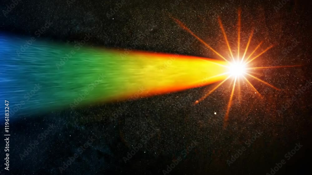 Poster bright star emitting a colorful spectrum through space with cosmic background visible