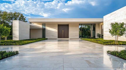 Oversized front door and symmetrical landscaping on a wide marble driveway.