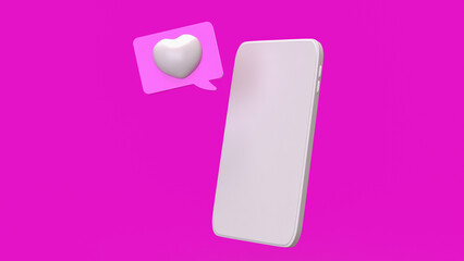 White mobile and heart on pink background  3d Rendering.