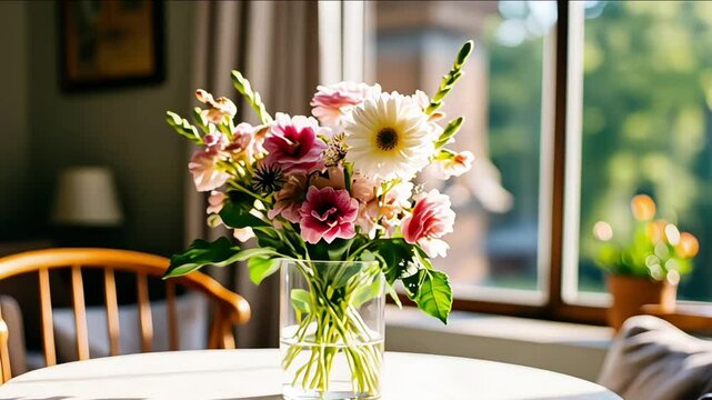 A beautiful bouquet of fresh flowers arranged in a vase on a dining table
