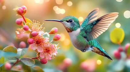 Fototapeta premium A vibrant hummingbird hovering near delicate pink flowers in a soft, colorful background.