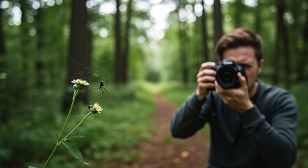 Fototapeta premium Photographer Captures Spider Web Nature Scene Forest Photography Amazing Wildlife Detailed Image view macro 