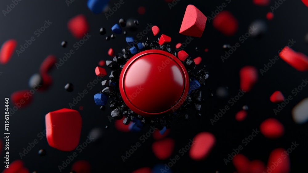 Fototapete Abstract Red Orb: A mesmerizing 3D rendering of a vibrant red orb suspended against a deep black background.  Surrounded by a scattering of fragmented shapes in contrasting red, blue, and black.