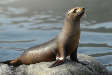 California Sea Lion Resting on Rock by the Ocean