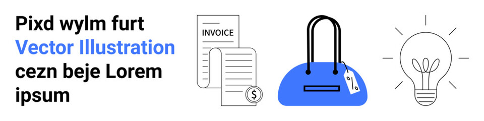 Invoices beside a purse with a price tag, and a glowing light bulb representing ideas. Ideal for business, finance, shopping, innovation, creative thinking, entrepreneurship online stores. Landing