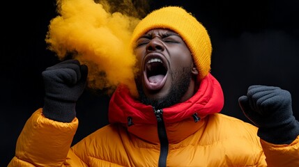 Man Shouting in Smoke: A young man in a vibrant orange and red puffer jacket and yellow beanie passionately shouts, surrounded by a cloud of yellow smoke.