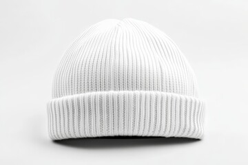 White ribbed knit beanie hat isolated on white background. (1)