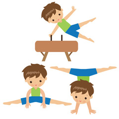 Cute little boy gymnast vector cartoon illustration