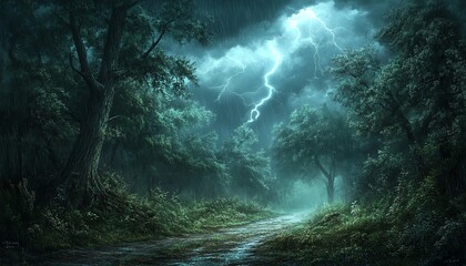 Fototapeta premium Road in a lush forest surrounded by towering trees