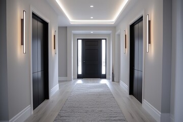 Bright hallway accented by black doors, gray rug, and gentle lighting.