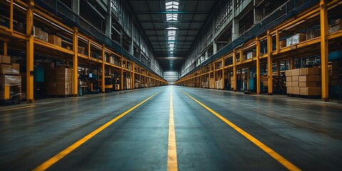 Vast warehouse interior with high shelves and forklift trucks.