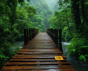 Rustic wooden bridge spanning a river in the heart of a rainforest