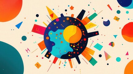 Obraz premium A radiant globe surrounded by alphabets and cultural icons glowing brightly