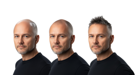 PNG, Concept of hair loss, treatment result - before, after, isolated on white background, generated by Generative AI technology.