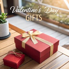 Bright photo, "Valentine&rsquo;s Day Gifts" text, red gift box with gold ribbon on wooden table
