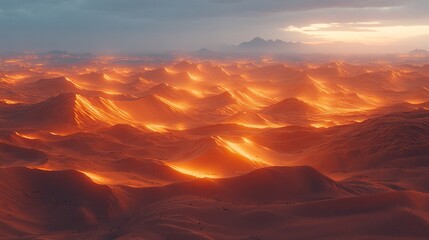 Naklejka premium A mesmerizing landscape of glowing dunes under a dramatic sky, evoking a sense of otherworldly beauty.