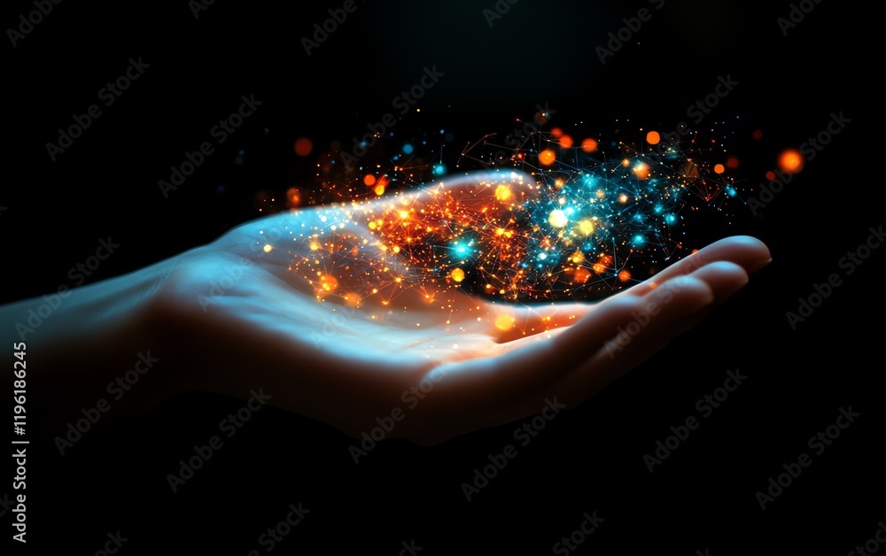 Poster a hand holding a digital interface showcasing networking and technology icons