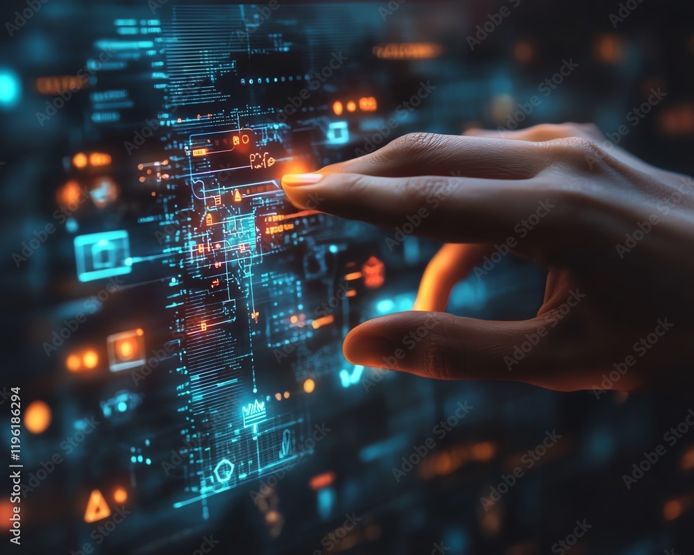 Poster a hand presenting a futuristic digital interface with glowing networking and tech icons