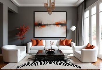 Chic Contemporary Living Room Design Featuring Zebra Print Rug, Elegant Chandelier, and Warm Terracotta Accents for a Cozy Atmosphere