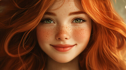 Fototapeta premium Red hair happy smiling teenage girl natural freckles warm sunlight expressing joy innocence close-up portrait vibrant glowing skin lifestyle beauty positivity friendly engaging motivational soft