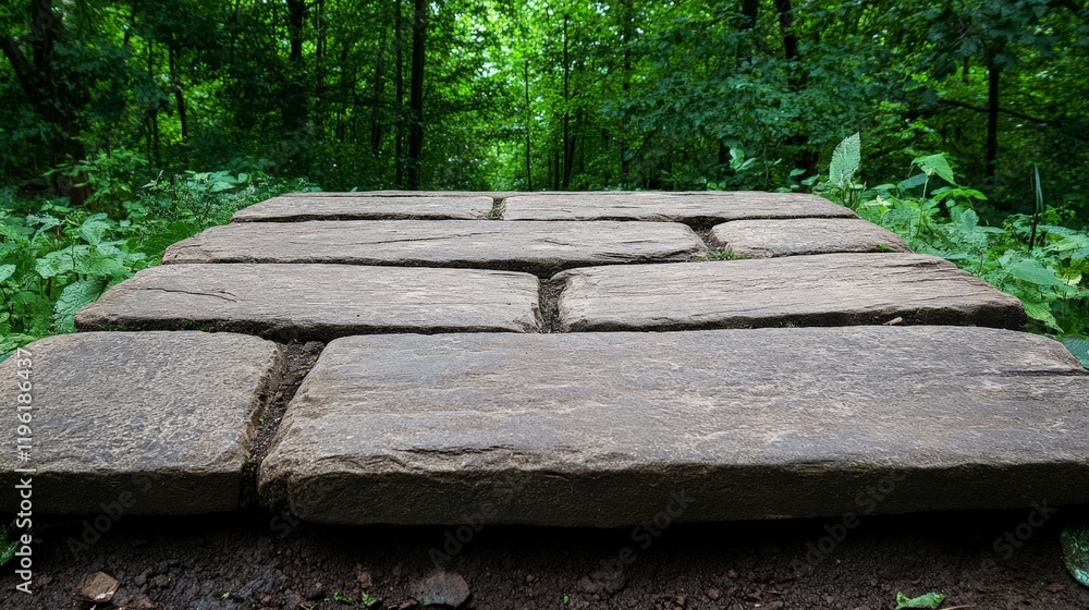 Poster stone path into the woods: a rustic stone pathway winds through a lush green forest, inviting explor