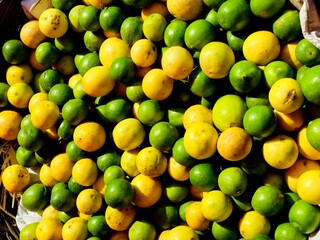 A mix of fresh yellow and green lemons, creating a colorful contrast and indicating their ripeness...