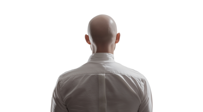 PNG, Hair loss concept, man with alopecia, isolated on white background, generated by Generative AI technology.