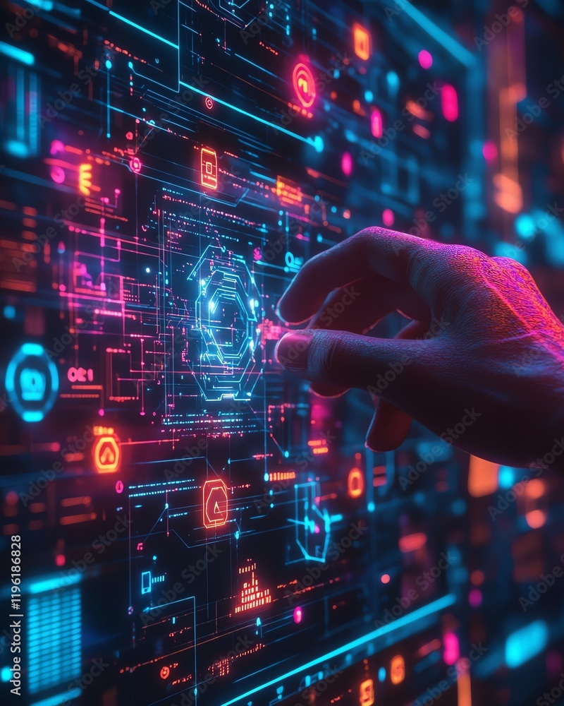 Aufkleber futuristic digital hand touching a hightech data interface, floating icons and holographic elements,