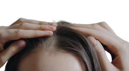 PNG, Hair loss concept, woman's head with problem areas of baldness, isolated on white background, generated by Generative AI technology.