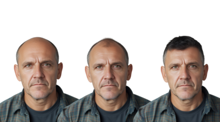 PNG, Concept of hair loss, treatment result - before, after, isolated on white background, generated by Generative AI technology.