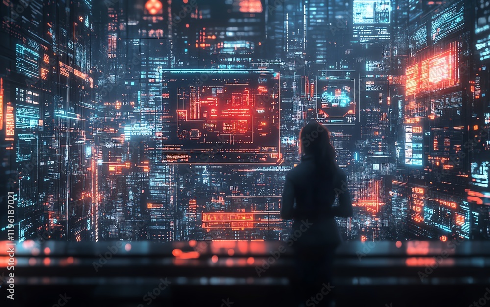 Poster futuristic digital network with a person interacting with floating holographic screens, advanced tec