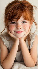 Naklejka premium Cheerful red hair tween girl smiling brightly charming freckles joy natural beauty close-up portrait soft lighting childhood, lifestyle positive emotion cozy lively fun lovely relax warm studio