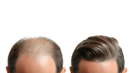 PNG, Concept of hair loss, treatment result - before, after, isolated on white background, generated by Generative AI technology.