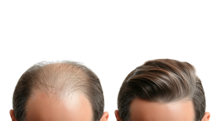 PNG, Concept of hair loss, treatment result - before, after, isolated on white background, generated by Generative AI technology.