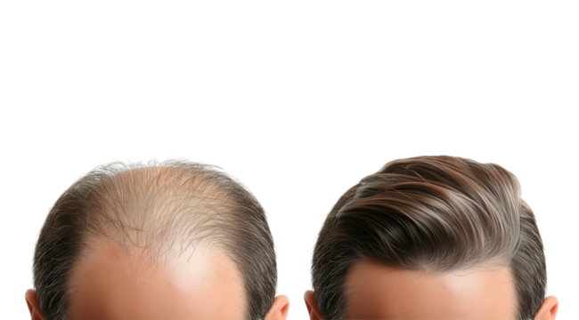 PNG, Concept of hair loss, treatment result - before, after, isolated on white background, generated by Generative AI technology.