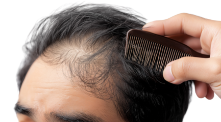 PNG, Hair loss concept, man's head with problem areas of baldness, isolated on white background, generated by Generative AI technology.