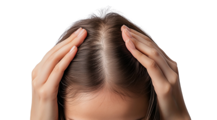 PNG, Hair loss concept, woman's head with problem areas of baldness, isolated on white background, generated by Generative AI technology.