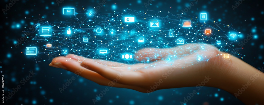 Leinwandbilder hand presenting a glowing digital screen with technology and networking icons