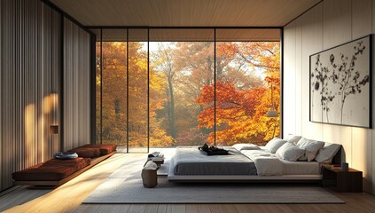 Autumnal Bedroom Design: Modern Minimalist Interior with Forest Views,  Tranquil Ambiance, and Natural Light.