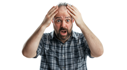 PNG, Hair loss concept, upset man, isolated on white background, generated by Generative AI technology.