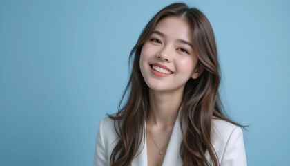 Fototapeta premium Close Up Portrait of a Young Woman in White Professional Suit with Radiant Smile and Warm Expression on Light Blue Background