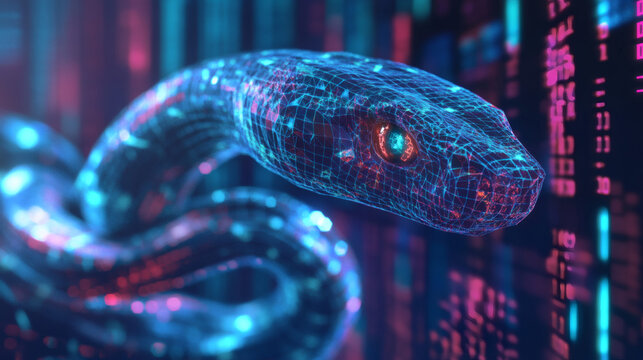 A computer screen displaying python code with a digital snake, symbolizing python programming for data engineering
