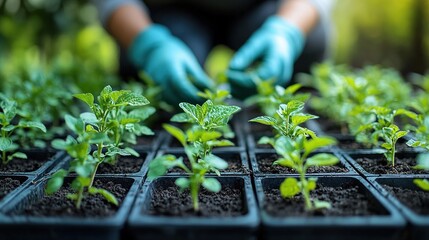 A person tending to young plants in trays, nurturing them for growth in a garden setting.