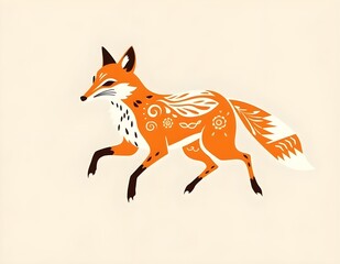 Obraz premium Blank white background Folk fox illustration, abstract isolated ornate animal folklore concept,cute,nature,tail,drawing
