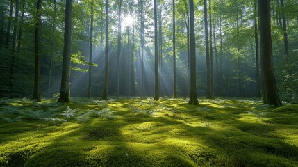 Obraz premium Forest scene with sunlight filtering through leaves and vibrant moss