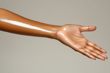 A sleek, bronzed arm extends with a glossy sheen, showcasing healthy skin against a neutral background.