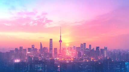 Obraz premium Dreamy Pink Skyline: Shanghai Cityscape at Sunrise