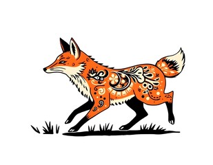 Obraz premium Blank white background Folk fox illustration, abstract isolated ornate animal folklore concept,wild,animal,fun,dog